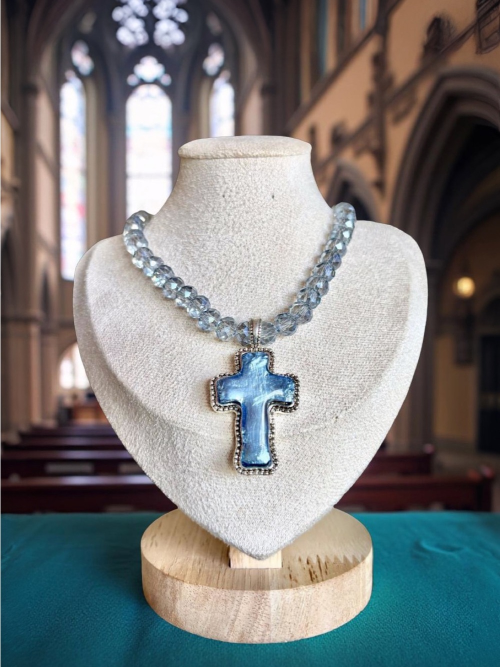 One-of-a-Kind Silver Blue Cross Statement Necklace | Magnetic Vintage inspired